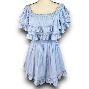 Indikah Off Shoulder Ruffle Mini Dress Smocked Waist Lined Light Blue Size XS